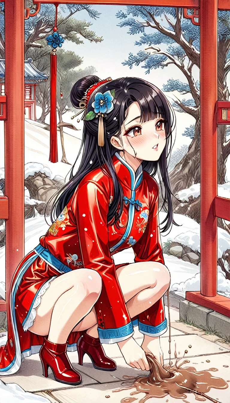   a beautiful Korean princess with long dark hair is squatting 、肛門からPoopを脱糞する　Filth、Excrement、From the butt hole、「Poop」「Poopp」Gorgeous embroidery,  Super shiny long sleeve winter clothes   ,    She's wearing a red long-sleeved shiny China jacket　Defecating and stepping up 