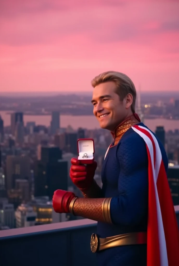 Homelander wearing a superhero outfit with a cape, blonde hair, blue eyes, red gloves, down on one knee, holding a small box with a diamond ring inside, proposing to the camera, POV proposal, 1boy, ((((((((((((((((((solo)))))))))))))))))), (((smiling))), full body, on the roof of a building in New York City, beautiful pink sunset, picturesque, 4k, masterpiece, ((((looking at the camera)))), happy