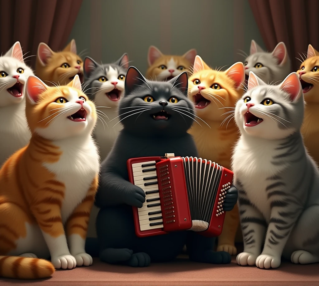 Grey Cat , sits and holds a Russian accordion in his hands , plays,  mouth slightly ajar , smiles,  On the fence around him, there are many street cats of different breeds and colors sitting on the fence, everyone opened their mouths singing cheerfully ,12K. masterpiece,  exceptional quality 