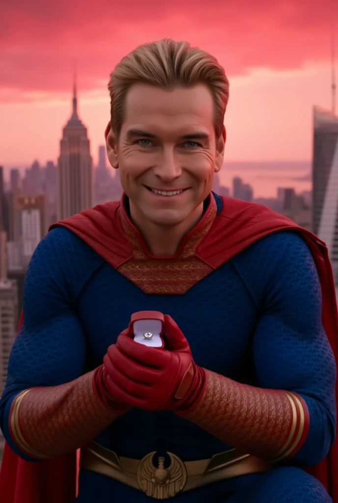 Homelander wearing a superhero outfit with a cape, blonde hair, blue eyes, red gloves, down on one knee, holding a small box with a diamond ring inside, proposing to the camera, POV proposal, 1boy, ((((((((((((((((((solo)))))))))))))))))), (((smiling))), full body, on the roof of a building in New York City, beautiful red sunset, picturesque, 4k, masterpiece, ((((looking at the camera)))), happy