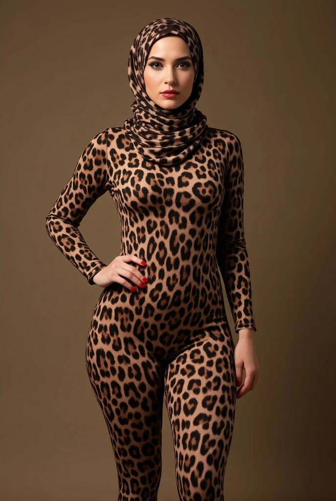 The most beautiful,thin,most pretty and clever malaysian muslimah adult girl wears margay print lycra turtleneck unitard catsuit covered with spots.She always wear margay print lycra dancewear stretchy square hijab covered with many spots.