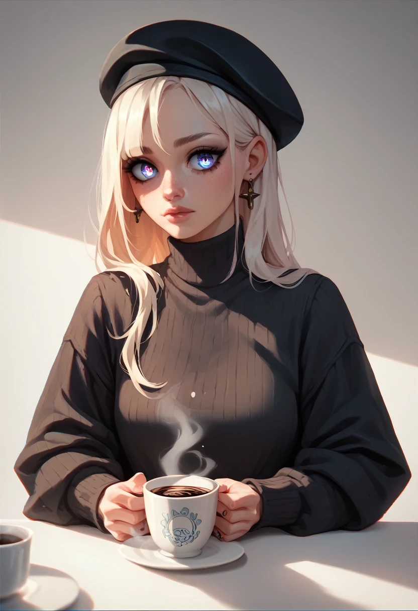 Girl in a black beret,by the coffee, heavenly eyes 