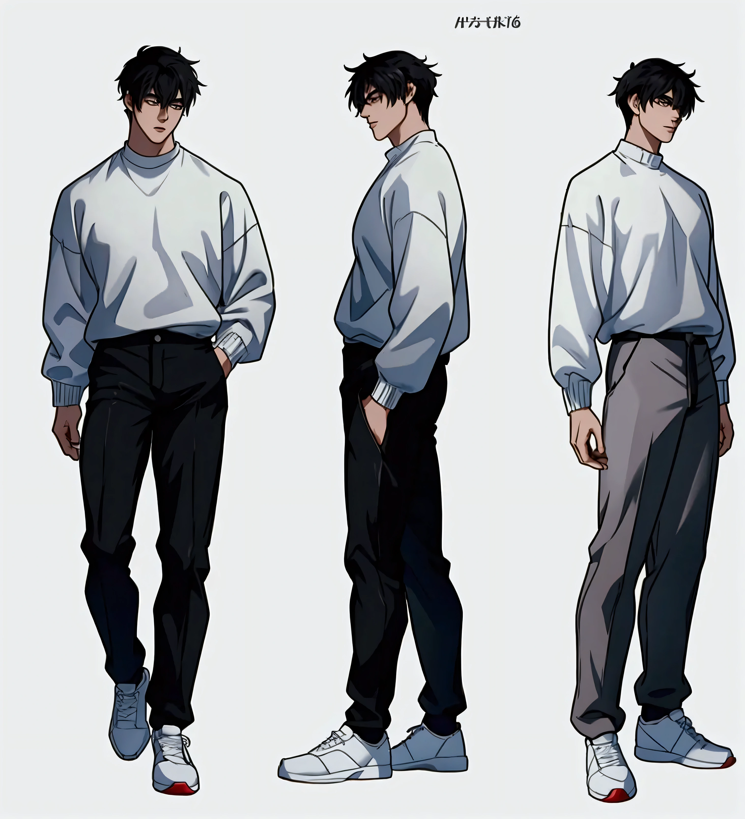 Character Sheet, Character Design, male, 20 years old, black hair, modern clothes, white sweater, black pants, white shoes, ((masterpiece)), 4K, 8K, 16K, UHD, Ultra HD, Ultra detailed, side profile