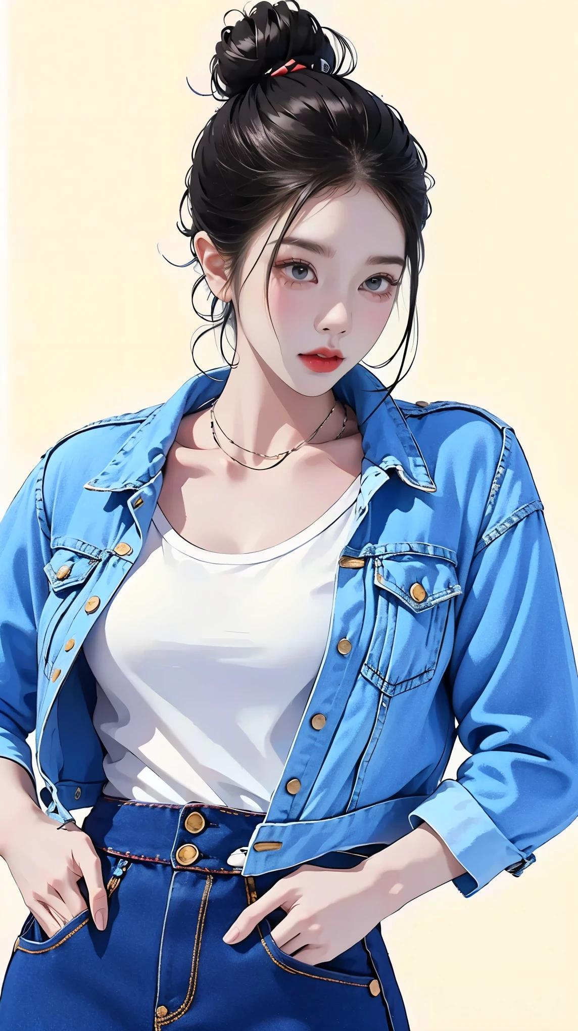 masterpiece, best quality, ((pure white background)), Permanently installed, black hair bun,cold noodle, whole body, denim jacket, Black T-shirt, casual pants, (fashion clothing), happy, Light effect, soft, super clear, HD pictures, (front)