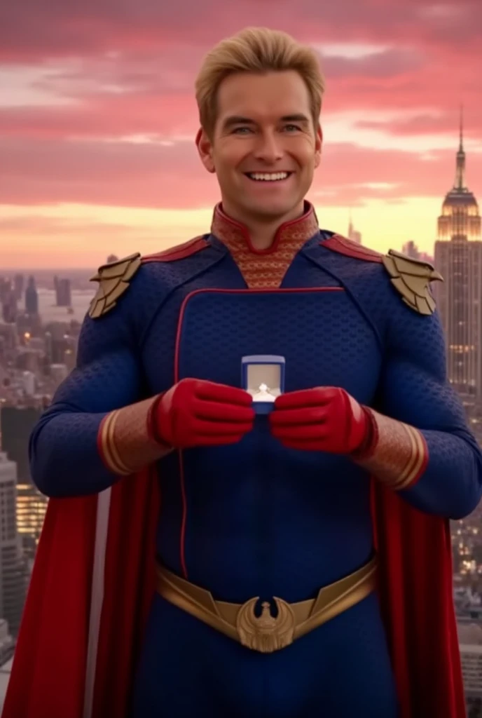 Homelander wearing a superhero outfit with a cape, blonde hair, blue eyes, red gloves, down on one knee, holding a small box with a diamond ring inside, proposing to the camera, POV proposal, 1boy, ((((((((((((((((((solo)))))))))))))))))), (((smiling))), full body, on the roof of a building in New York City, beautiful red sunset, picturesque, 4k, masterpiece, ((((looking at the camera)))), happy
