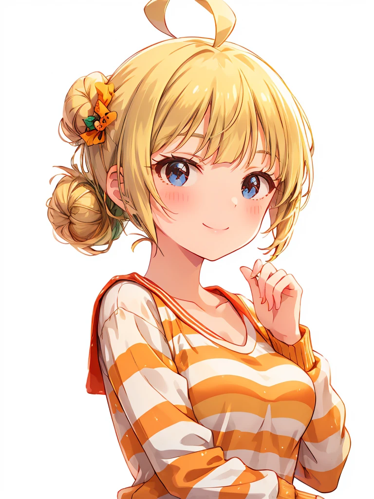 1girl, solo, single hair bun, smile, hair bun, blush, shirt, looking at viewer, upper body, simple background, orange background, striped clothes, breasts, long sleeves the one Halloween Wonderful  Wonderful Bun Hair Blonde