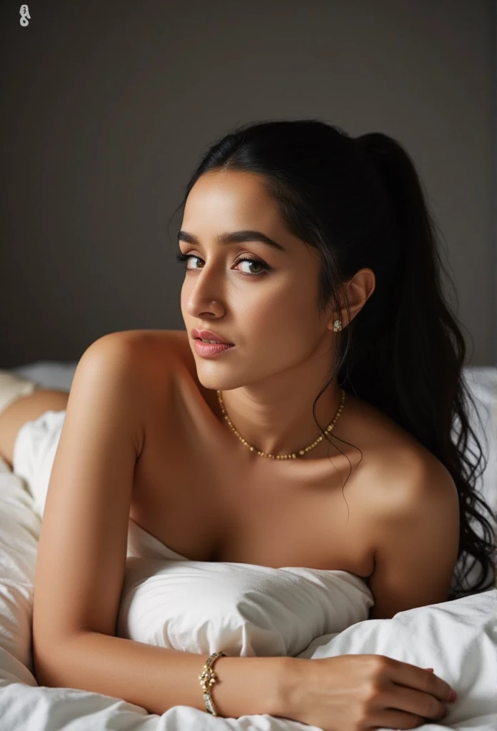 Night time,less light ,slender,Top down view, lying in bed, close up bodyshot photo of a shraddha kapoor in bed naked looking at viewer while being fucked, free hair, masterpiece, 33 year old woman, while fucking, looking at viewer, showing her breast and navel, milf, closeup, free shaggy hair, no makeup, big cheeks