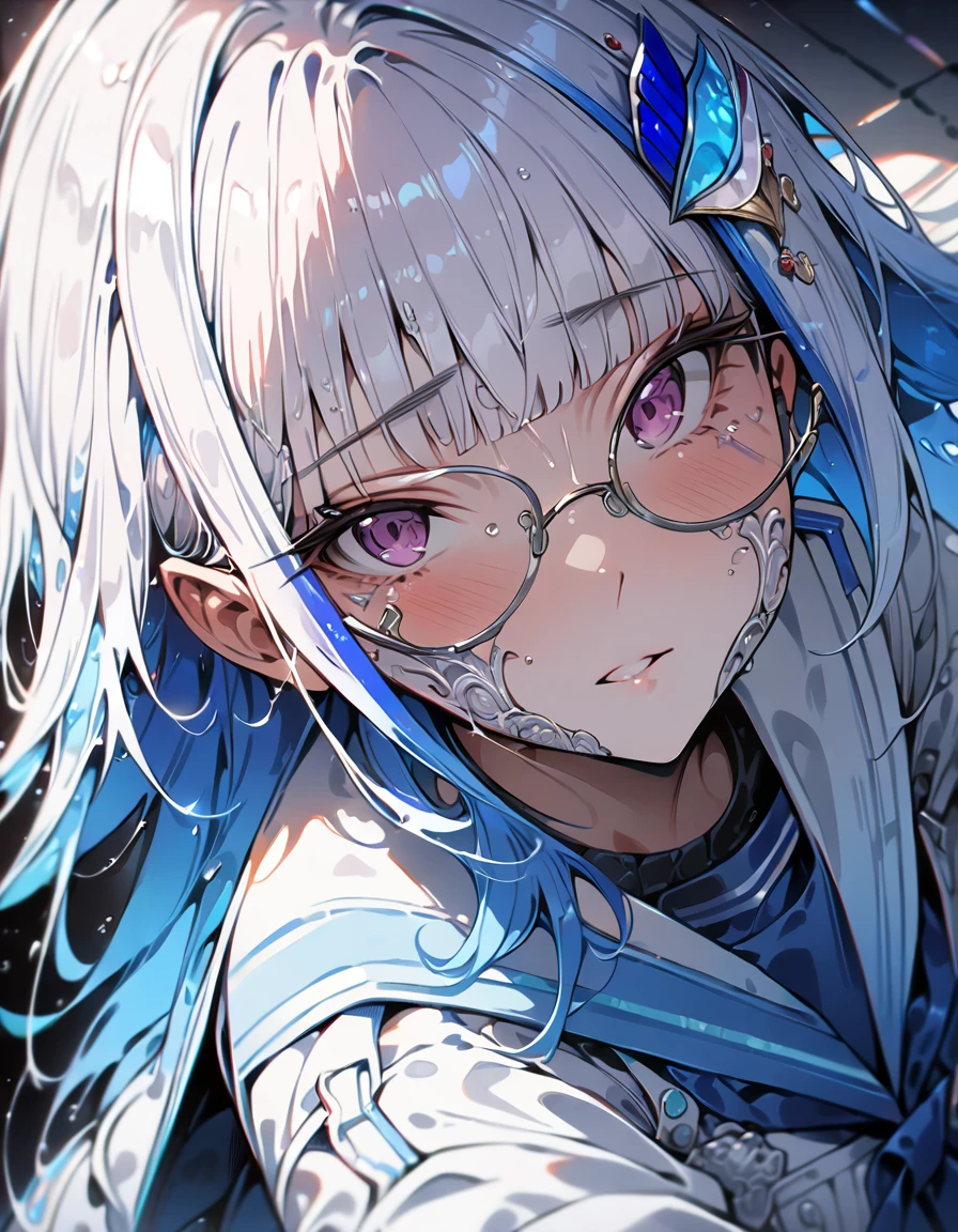 (masterpiece, best quality, ultra detailed,detailed face, 4K:1.5)dynamic angle, 1girl, lize1st, hair ornament, blue serafuku, ponytai, glasses,