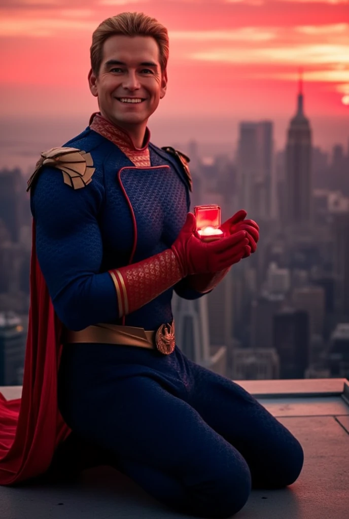 Homelander wearing a superhero outfit with a cape, blonde hair, blue eyes, red gloves, down on one knee, holding a small box with a diamond ring inside, proposing to the camera, POV proposal, 1boy, ((((((((((((((((((solo)))))))))))))))))), (((smiling))), full body, on the roof of a building in New York City, beautiful red sunset, picturesque, 4k, masterpiece, ((((looking at the camera)))), happy