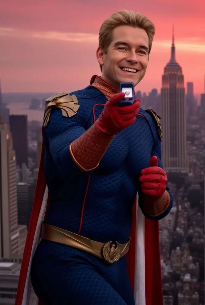 Homelander wearing a superhero outfit with a cape, blonde hair, blue eyes, red gloves, down on one knee, holding a small box with a diamond ring inside, proposing to the camera, POV proposal, 1boy, ((((((((((((((((((solo)))))))))))))))))), (((smiling))), full body, on the roof of a building in New York City, beautiful red sunset, picturesque, 4k, masterpiece, ((((looking at the camera)))), happy