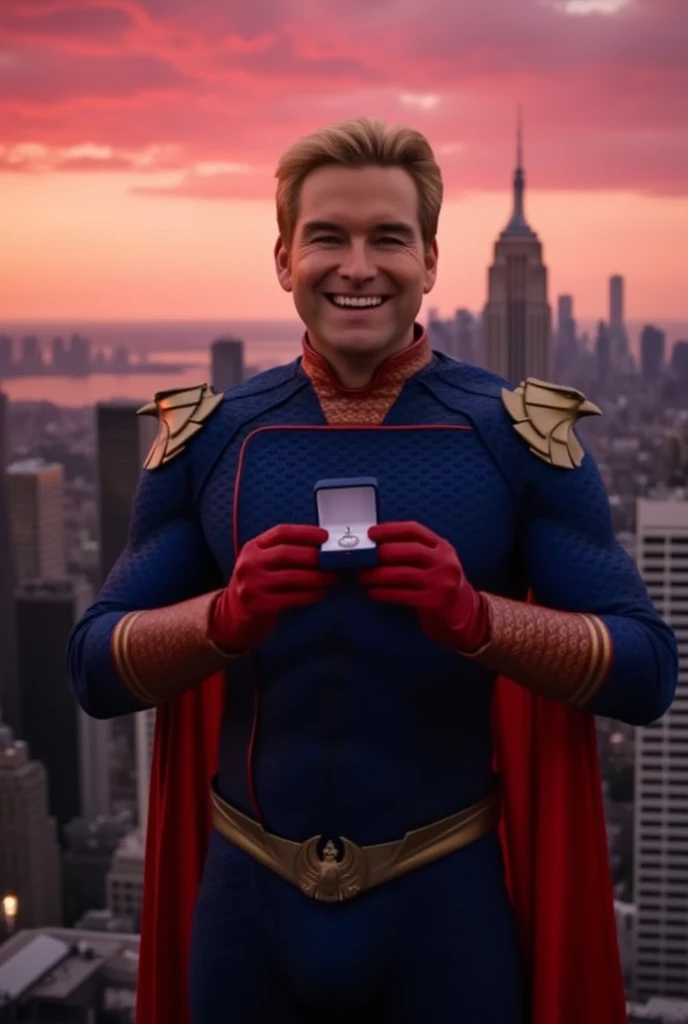 Homelander wearing a superhero outfit with a cape, blonde hair, blue eyes, red gloves, down on one knee, holding a small box with a diamond ring inside, proposing to the camera, POV proposal, 1boy, ((((((((((((((((((solo)))))))))))))))))), (((smiling))), full body, on the roof of a building in New York City, beautiful red sunset, picturesque, 4k, masterpiece, ((((looking at the camera)))), happy