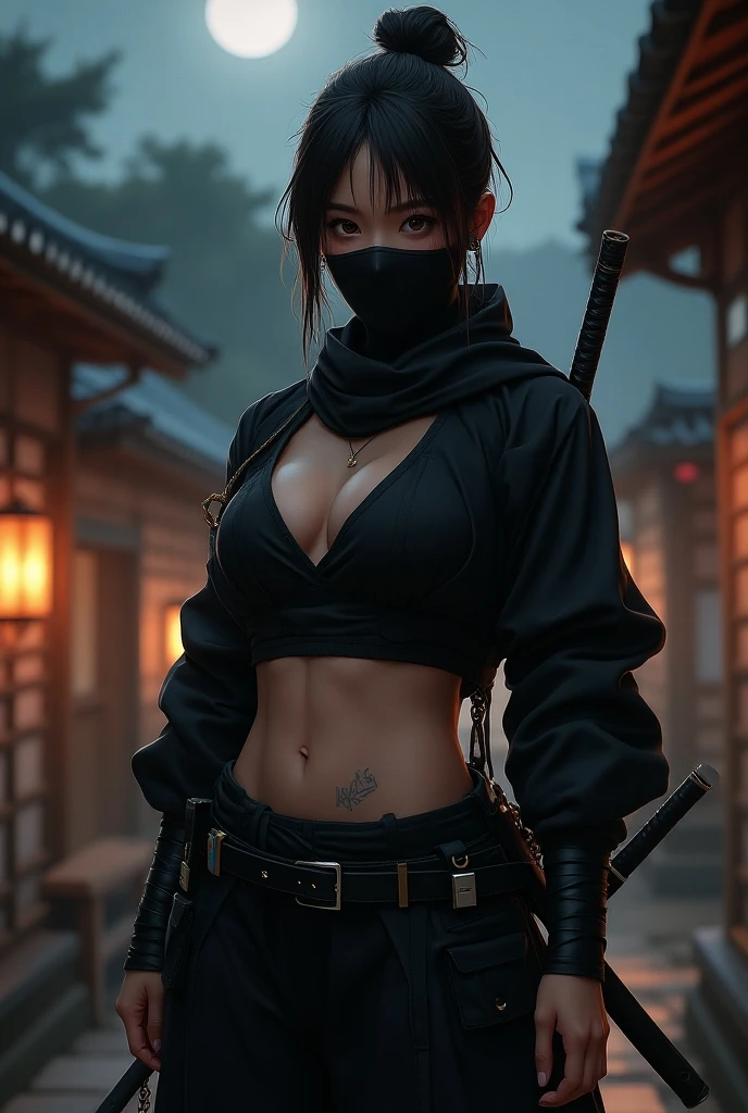 realistic, 1girl, high quality fingers, normal hands, detailed fingers, masterpiece, (realistic, photo-realistic: 1.37), realistic, 1girl, long hair:1.5, black hair:1.2, red eyes:1.5, bright eyes, mortal kombat, ninja, blood, scar, weapons, kimono, dress, mortal kombat suit, large breasts, fighting pose, serene look, temple, meditation, injuries, ninja mask, cover half of face, (sweat: 1)