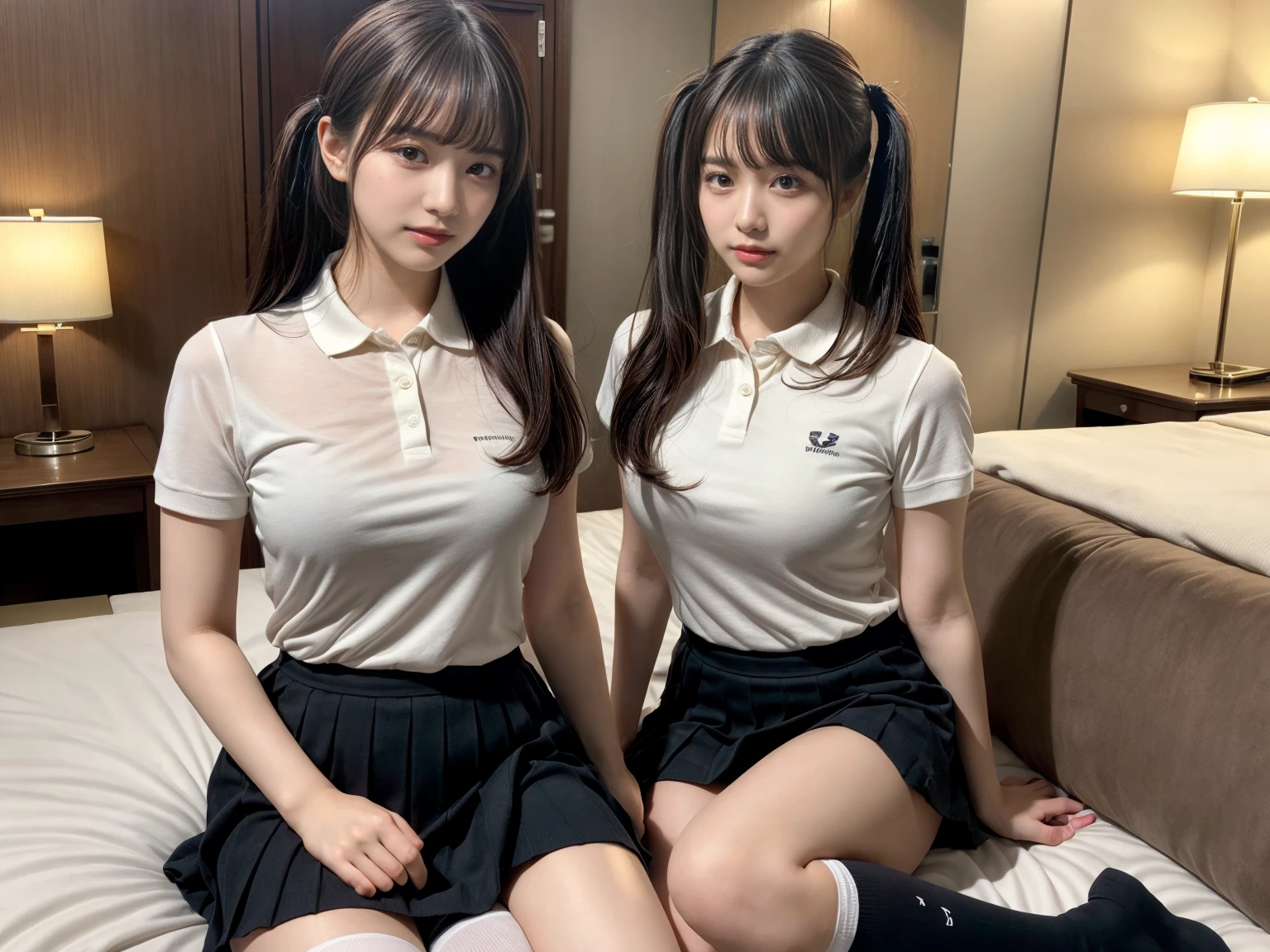 ((best quality, 8k, masterpiece)), ultra-detailed, sharp focus, two cute girls sitting side by side, 18yo, ((white panties:1.3)), lace panties, (sitting on the seat of a train), (long seats), (checkered pleated skirt), ((school uniform)), highly detailed face and skin texture, ((detailed eyes)), ((beautiful eyes:1.2))