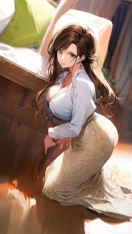 nsfw:1.25、(a portrait with sharp focus and crisp quality, highlighting the subject’s facial features)、(from side, portrait, look at viewer)、 full body photo、 is a beautiful 30-year-old woman 、Elegant wife 、 Her long light brown hair shines in the light, Brown round eyes 、Her thick, glowing lips 、 beautiful smile、 beautifully shaped breasts、Big Breasts、 thin waist、 I have a big butt 、 slender light blue earrings 、 long skirt　break　 wearing a tight t-shirt 、 I'm a beautiful anime fantasy woman with straight super long hair 、Bedroom at night、 kneeling on the floor and leaning on the edge of the bed、 staring at the camera 、 facing this way 、Anatomically correct hands and feet、Accurate hand drawing、Accurate foot depiction、
