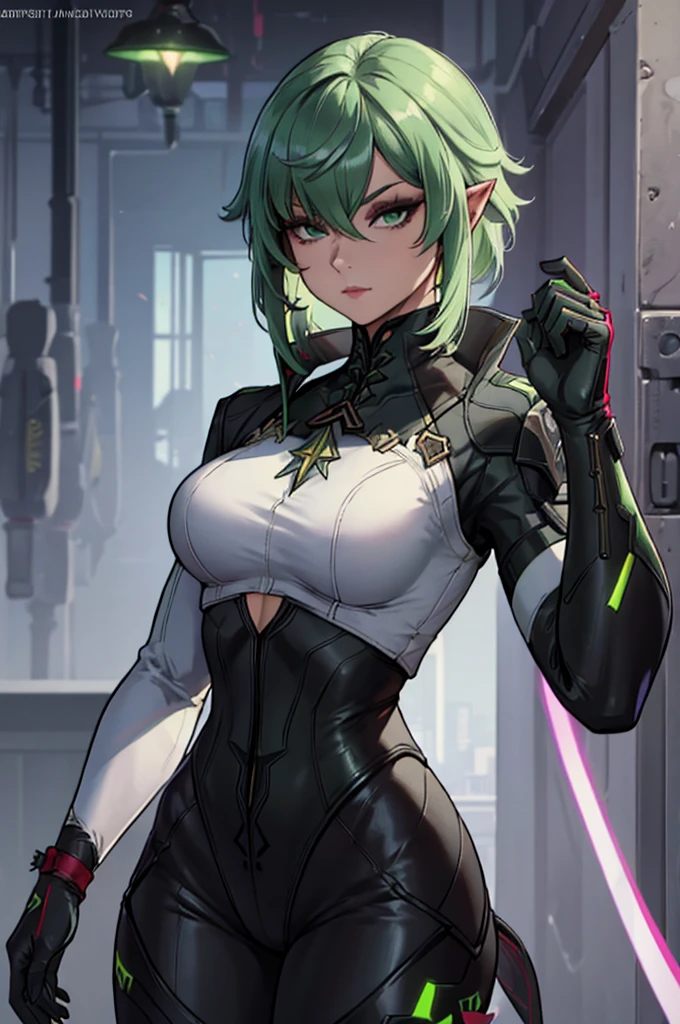 solo female, salad gren and black color pallete, female outfit concept art, original character, salad color, light green, pointy ears, white green hair, medium hair, bangs, salad green eyes, a lot of detail, concept art, genshin impact clothing, genshin impact clothing, pinterest concept art female clothing and armor, female in metal and leather bodysuit, syndicate agent, female clothing, female full body armor, metal, leather bodysuit, female pinterest clothing, Strong solo woman villain, Black mask over eyes, Short white green hair, Green glowing eyes, black Rubber bodysuit