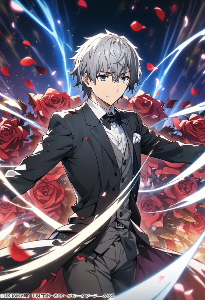 （masterpiece）））， （（（Best Quality））））， Official Art，  Extremely Detailed CG Unity 8K Wallpaper，One person, male、suit、 staring 、Rose petals、dance、together、 fallen leaves