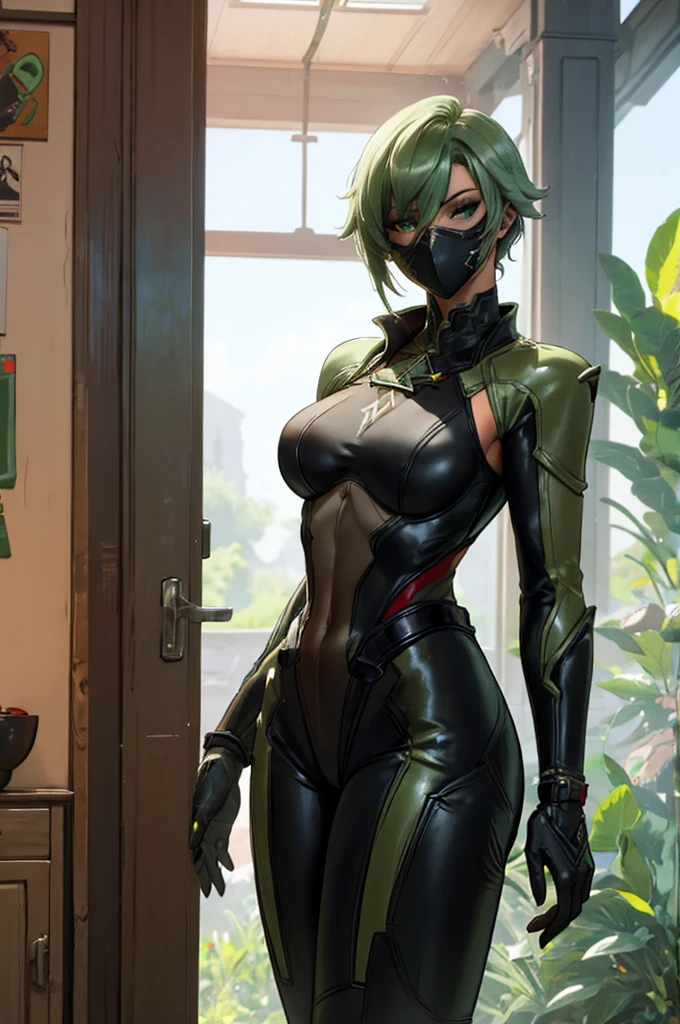 solo female, salad gren and black color pallete, female outfit concept art, original character, salad color, light green, a lot of detail, concept art, genshin impact clothing, genshin impact clothing, pinterest concept art female clothing and armor, female in metal and leather bodysuit, syndicate agent, female clothing, female full body armor, metal, leather bodysuit, female pinterest clothing, Strong solo woman villain, Black mask over eyes, Short white green hair, Green glowing eyes, black Rubber bodysuit