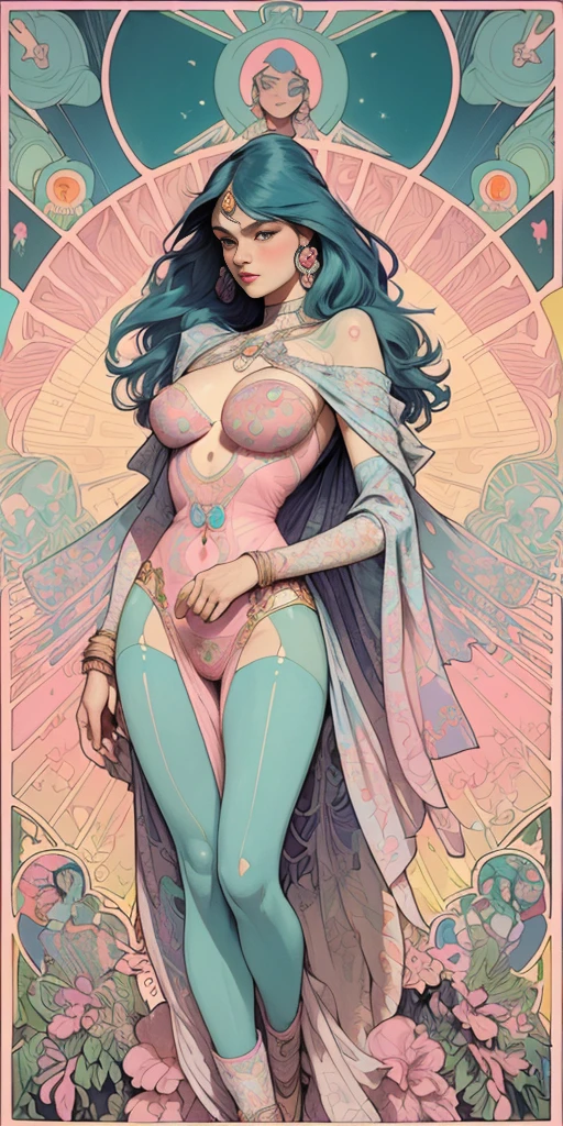 tarot theme pastel teal pink orange 1960's psychedelic poster bodysuit punk Myla Dalbesio (highly detailed) (darren grealish)(alphonse Mucha) Petra Collins indian matchbox art, decals typography and stickers jugendstil