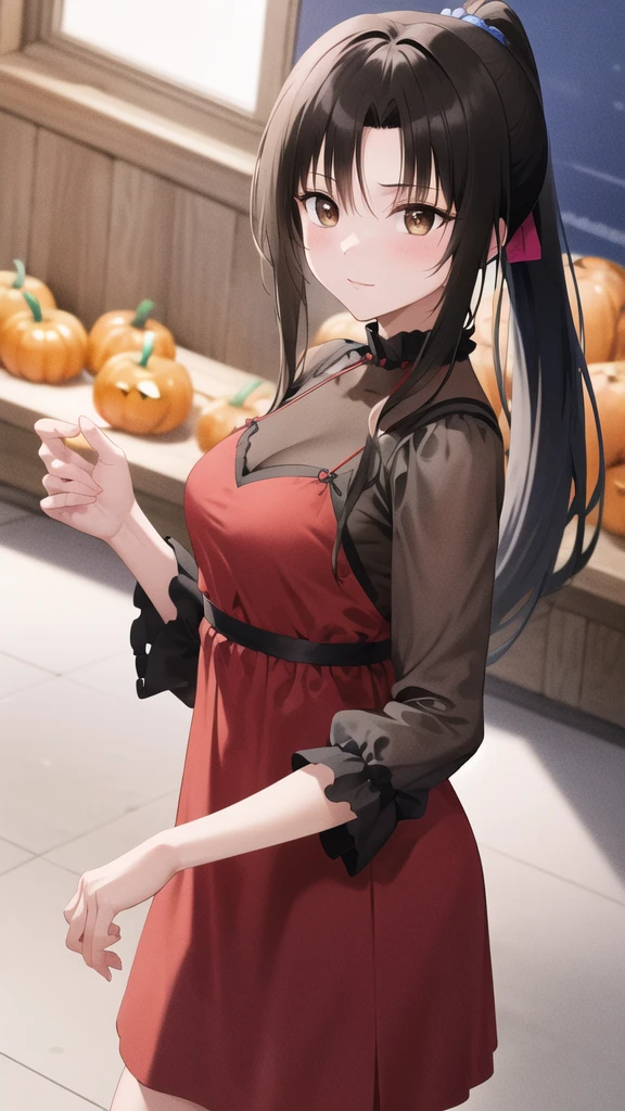 masterpiece, best quality, highres, 1girl, solo, long hair, black hair, ponytail, parted bangs, brown eyes, halloween Dress,