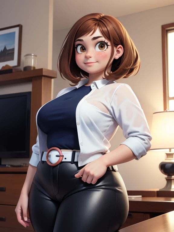 
high quality, best quality, beautiful, perfect lighting, detailed face, ((1girl)), ((solo)), Imagine Ochaco Uraraka as an adult, 45yo, MILF, plus sized milf, mature face, fat face, chubby cheeks, slight wrinkles around the face, motherly, mom, short brown hair, brown eyes, ((blush)), ((medium breasts)), wide hips, thick thighs, chubby, love handles, muffin-top, round belly BREAK (Wearing: Dark blue shirt, black leather pants, white belt, white heels) BREAK smile, looking at viewer, hands on hips BREAK Background: Indoors, living room

