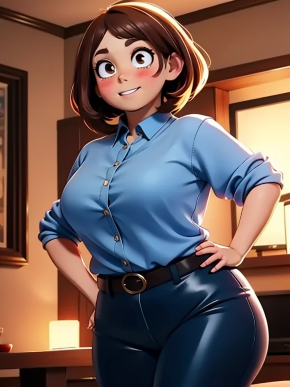 high quality, best quality, beautiful, perfect lighting, detailed face, ((1girl)), ((solo)), Imagine Ochaco Uraraka as an adult, 45yo, MILF, plus sized milf, mature face, fat face, chubby cheeks, slight wrinkles around the face, motherly, mom, short brown hair, brown eyes, ((blush)), ((medium breasts)), wide hips, thick thighs, chubby, love handles, muffin-top, round belly BREAK (Wearing: Dark blue shirt, black leather pants, white belt, white heels) BREAK smile, looking at viewer, hands on hips BREAK Background: Indoors, living room
