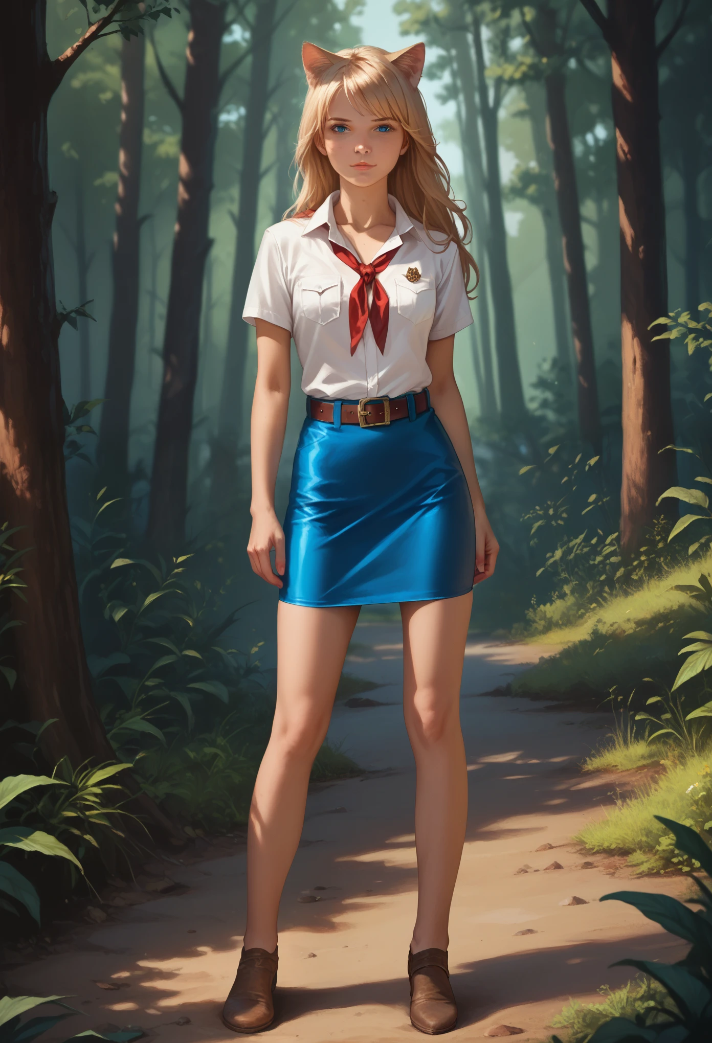 score_9, score_8_up, score_7_up, score_6_up, 8k, high detailed picture, realistic style, masterpiece, very young girl, detailed eyes, (full body shot:1.2), (skinny body:1.2), looking at viewer, blue eyes, light blond long hair, pioneer neckerchief, micro blue tight skirt, bangs, shirt, collarbone, very tight white shirt, short sleeves, collared shirt, belt, eyelashes, red neckerchief, breast pocket, realistic eyes, better face, summer morning forest, cat girl, cat ears, YR_GradLight, Katerina Monroe