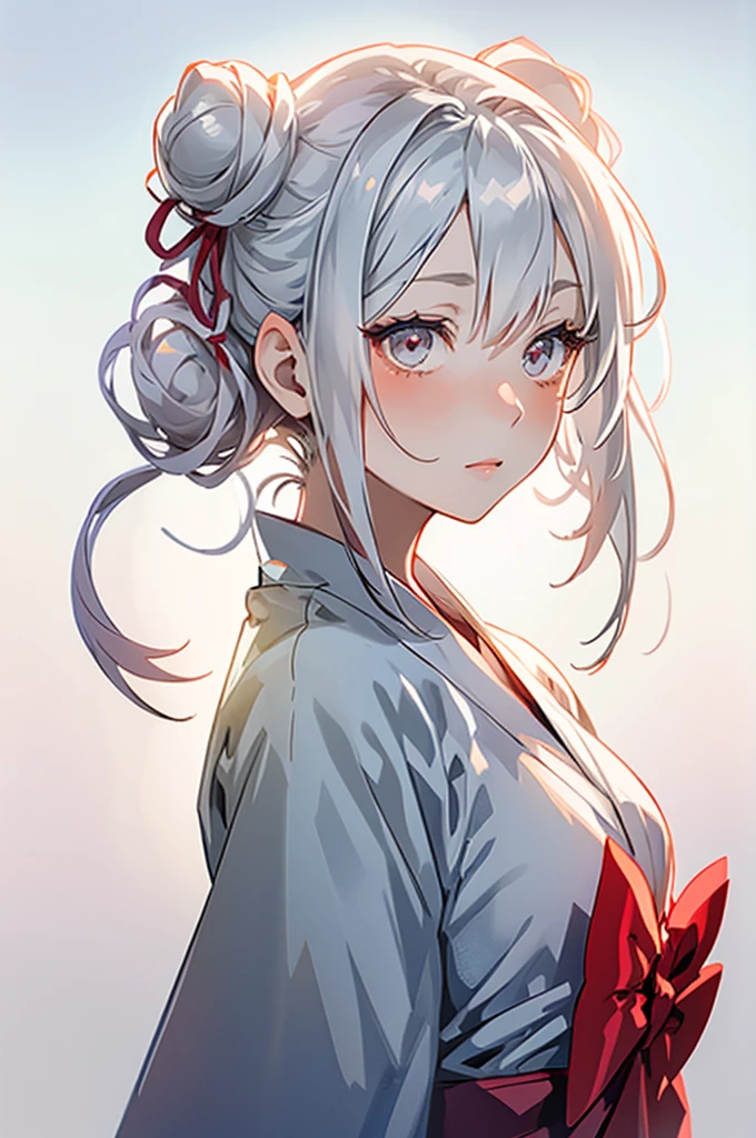 masterpiece, best quality, 1female, blissful, looking to the side, bun hair,  hime cut, white hair, silver eyes, Red Yukata, white ribbon, white background, gradient white background, backlighting