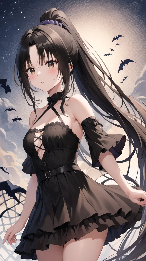 masterpiece, best quality, highres, 1girl, solo, long hair, black hair, ponytail, parted bangs, brown eyes, halloween Dress,