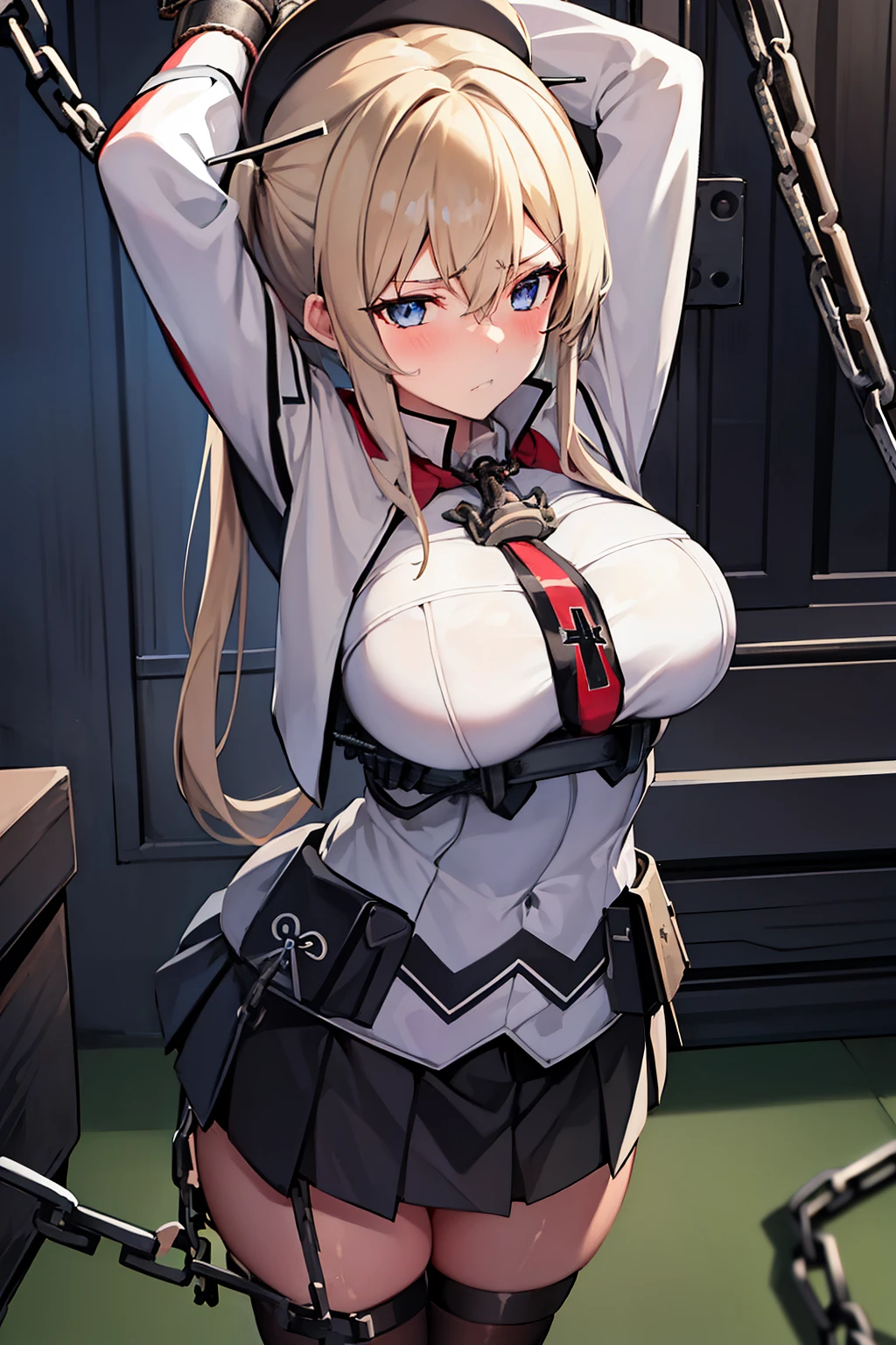 best quality, masterpiece, highres, solo, {graf_zeppelin_kantaicollection:1.15}, blonde_hair, twintails, long_hair, sidelocks, hair_between_eyes, breasts, blue_eyes, large_breasts, hat, peaked_cap, necktie, military, black skirt, short skirt, black tights, cross, blush, 1girl, looking_at_viewer, military_uniform, uniform, iron_cross, black_gloves, gloves, upper_body, ((((chained_superior)))), ((Arms suspended by chains)), arms over head, large breast, indoor, bed room, cabinet, hanged, standing, shy, scowl, teeth, sweat,