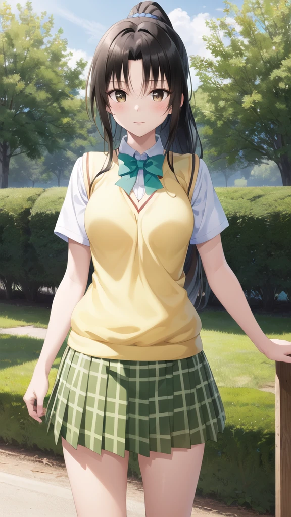 masterpiece, best quality, highres, 1girl, solo, long hair, black hair, ponytail, parted bangs, brown eyes, school uniform, green bowtie, white shirt, short sleeves, sweater vest, yellow vest, plaid skirt, green skirt, standing, cowboy shot, outdoors