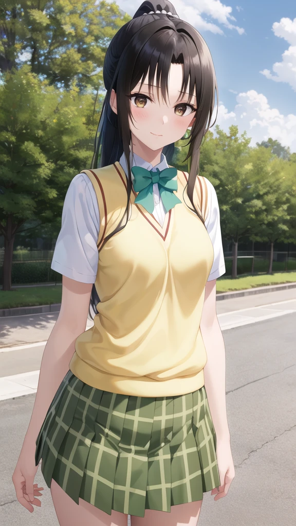 masterpiece, best quality, highres, 1girl, solo, long hair, black hair, ponytail, parted bangs, brown eyes, school uniform, green bowtie, white shirt, short sleeves, sweater vest, yellow vest, plaid skirt, green skirt, standing, cowboy shot, outdoors