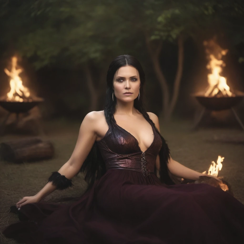 best quality, highres, 8k, masterpiece, photography, detailed midbody photorealistic portrait of Mandy Moore as Morrigan from Dragon Age, seated by a fire in a medieval camp, her long black hair flowing down her back with a few braids at the sides. She wears a revealing, asymmetrical leather outfit adorned with raven feathers and metallic charms. Morrigan gazes thoughtfully into the fire, a faint smirk on her face, with a staff leaning beside her and her wolf companion resting nearby, the scene imbued with a sense of cunning and independence. 40 years old, (real skin texture: 1.3), (slender figure: 1.1), six-pack abs, (Immersive Ambience, Chiaroscuro: 1.5, Dim Light: 1.2, Glow Lighting), (Bokeh: 1.5), Blurred, high contrast, (Fuji colours: 1.5), film grain