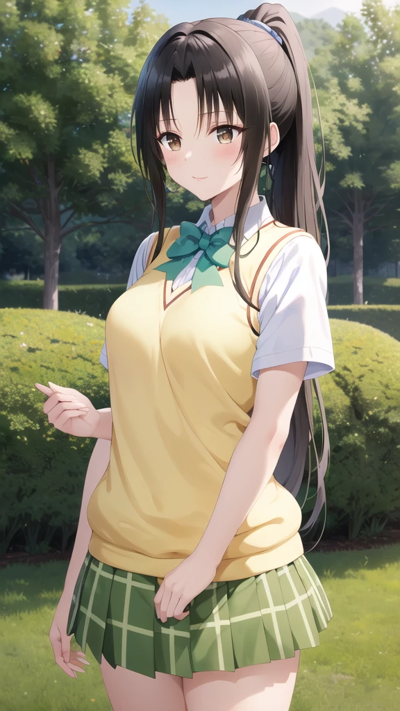 masterpiece, best quality, highres, 1girl, solo, long hair, black hair, ponytail, parted bangs, brown eyes, school uniform, green bowtie, white shirt, short sleeves, sweater vest, yellow vest, plaid skirt, green skirt, standing, cowboy shot, outdoors