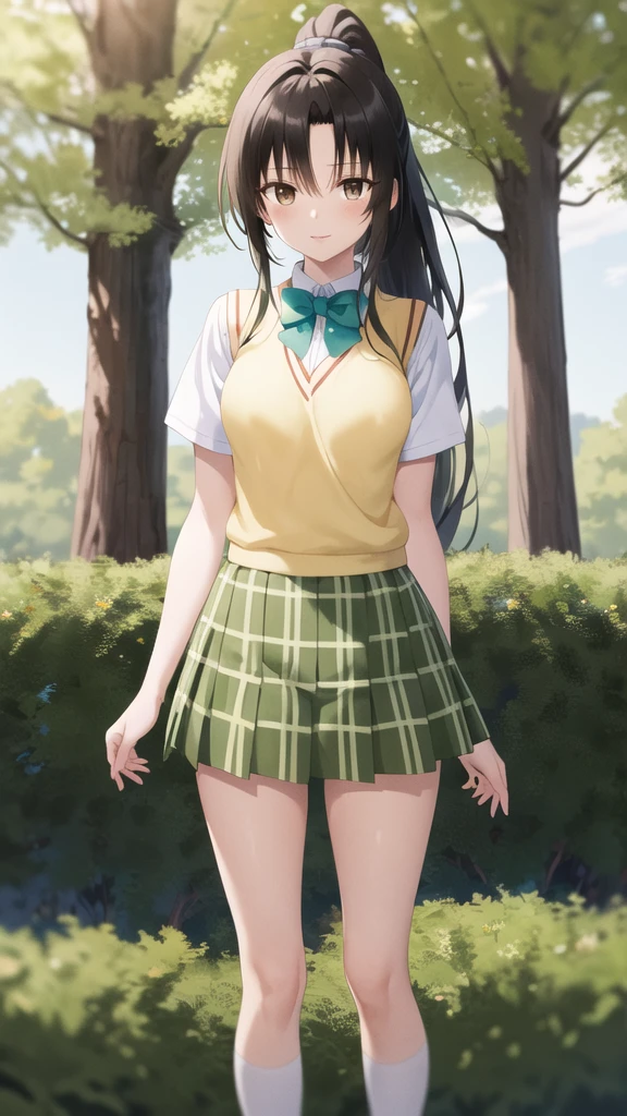 masterpiece, best quality, highres, 1girl, solo, long hair, black hair, ponytail, parted bangs, brown eyes, school uniform, green bowtie, white shirt, short sleeves, sweater vest, yellow vest, plaid skirt, green skirt, standing, cowboy shot, outdoors