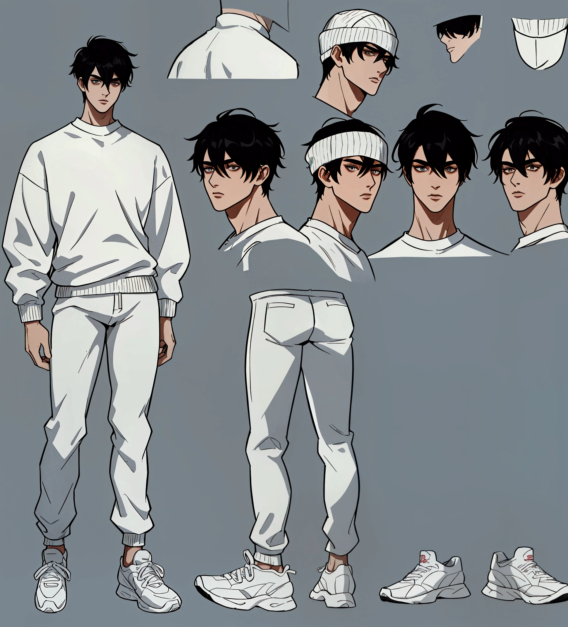 Character Sheet, Character Design, male, 20 years old, black hair, modern clothes, white sweater, black pants, white shoes, ((masterpiece)), 4K, 8K, 16K, UHD, Ultra HD, Ultra detailed