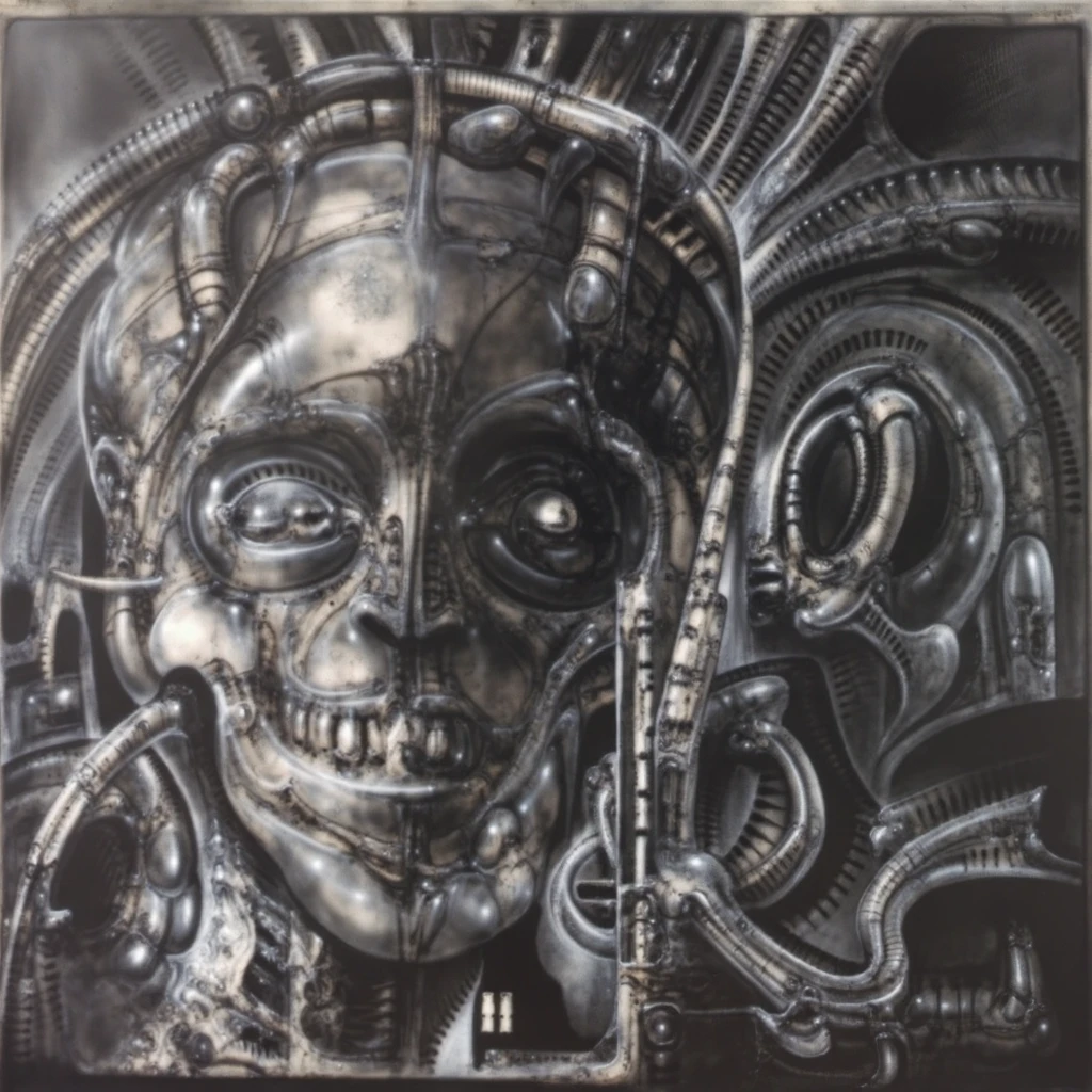 H. R. Giger's g1g3r, , Giger_style, The image is a detailed view of H.R. Giger's \" li II \" plate, featuring . The artistic manner would be unmistakably Gigeresque. A dark and unsettling beauty would permeate the piece, blurring the lines between fascination and repulsion , forever haunted by the grotesque allure. Giger's signature artistic manner would be evident in every stroke. The artist has used careful linework to depict the contours and textures in the piece, (Triadic:1.1), (Proportion:1.1),  , (Reflected light:1.2), Parchment, Octagon, ultra detailed, intricate,, dry b (best quality:1.4), H.R. GIGER,  BY GIGER