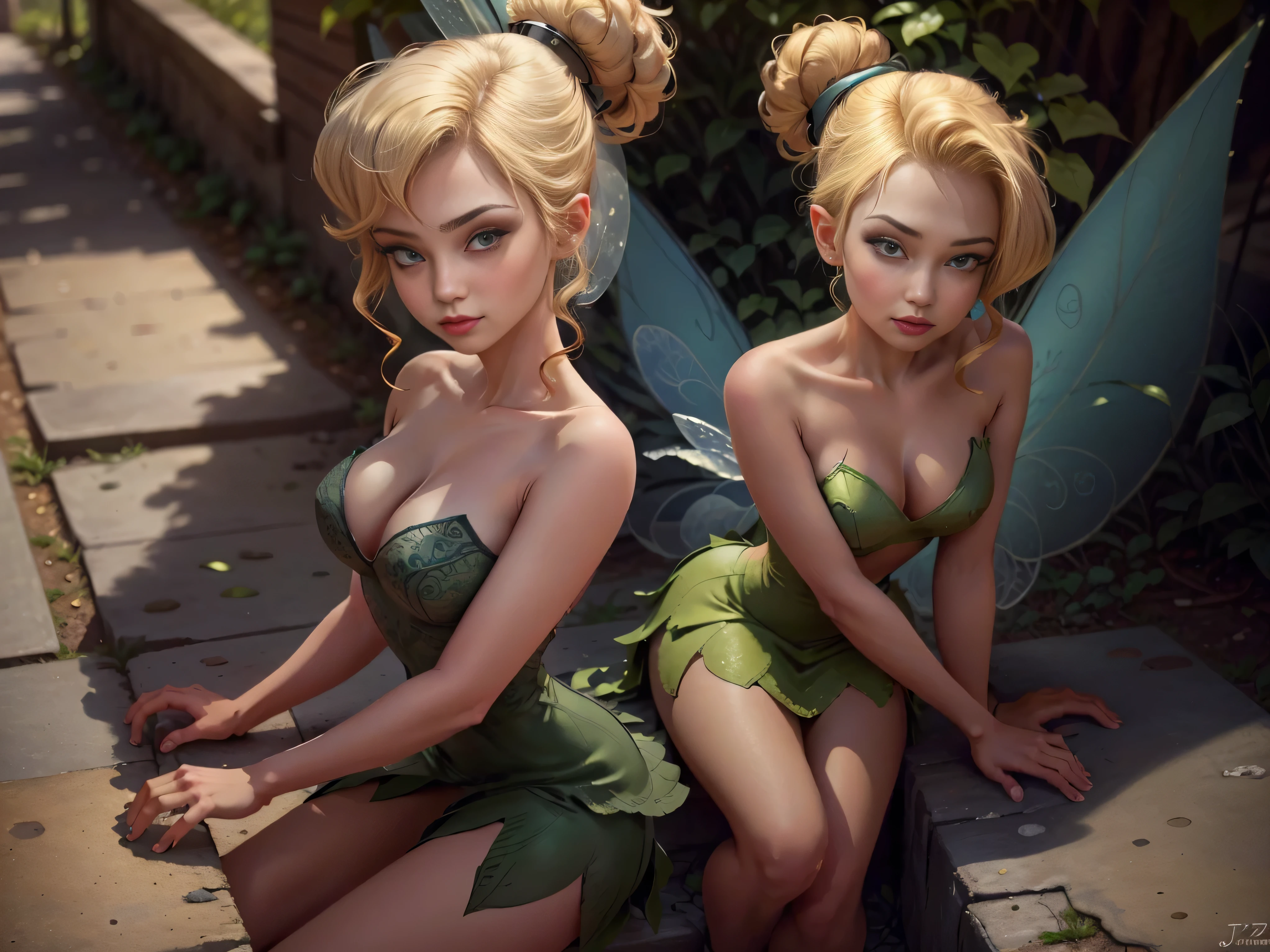 (Tinker Waifu:1), smile, (sexy, naughty pose), cute, like face, looking at the viewer, Expressive eyes, big breasts, neckline, single hair bun, short hair, (Green strapless dress:1), (fairy wings), (Focus on breasts:1.2), (Julius Zimmerman Style), from above, (realist:1.2), (Realism), (masterpiece:1.2), (Best Quality), (ultra detailed), (8k, 4k, Intricate), (Full body photo:1), (cowboy shot:1.2), (85mm), light particles, switched on, (Very detailed:1.2), (detailed face:1.2), (gradients), striking, (detailed eyes:1.2), (detailed background), detailed landscape, (dynamic angle:1.2), (dynamic pose:1.2), (Third rule_Composition:1.3), (Line of action:1.2), light, alone, sexy, show skin