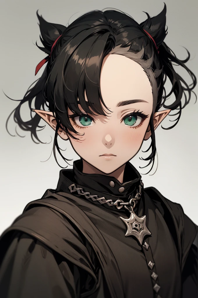 ( excellent quality ), (high resolution), (absurd play), ((young )), black hair, assymetrical bangs, ponytail, ((marnie)), character looking at the camera, Detailed face, ((medieval)), (((simple black clothes))), (portrait), ( small eyes), green eyes, (elf ears), village background, (solo)