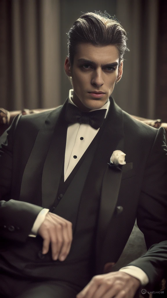 A handsome man wearing a black suit, sitting in a chair with his hand on his head, 1 man, detailed face, beautiful detailed eyes, beautiful detailed lips, extremely detailed eyes and face, long eyelashes, detailed clothing, formal attire, serious expression, realistic, cinematic lighting, dramatic shadows, elegant, moody, mystique, high contrast, chiaroscuro, dramatic colors, cinematic color palette, photorealistic, 8k, high resolution, masterpiece, hyper detailed, hyper realistic