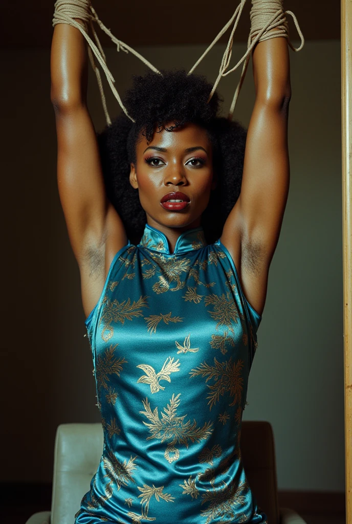 a 1970s very close up torso half body view portrait of a of a very athletic shredded skinny dark skinned african  woman arms being tied up high to the ceiling exposeing the under arm area, wearing a capsleeve Chinese dress a blue qipao, unhappy, african american woman, is tied down to prison bondage chair, torso tstrapped down, arms tied to the ceilings, arms spread wide open, still image from tv series, on the sidewalk, teals, silk, sienna, cast, square, confident looking, movie still, , brocade,she is tied down as she sits in a restraint chair, arms tied up to the celing, tied down by lots of leather straps, she can't move. She is also wearing large black precription eyeglasses

deep hollow armpits, noticable axillary skin fold lines


capsleeves are very wide, leaving her armpit skin fold fully visible and exposed, Capsleeve are designed to cover the shoulder but not extend fully over the arm, often ending just past the shoulder. In this case, the woman's cap-sleeve gown is short enough that her armpits are visible. This could be due to the design of the dress, or it could be a result of the pose she's striking. backlit