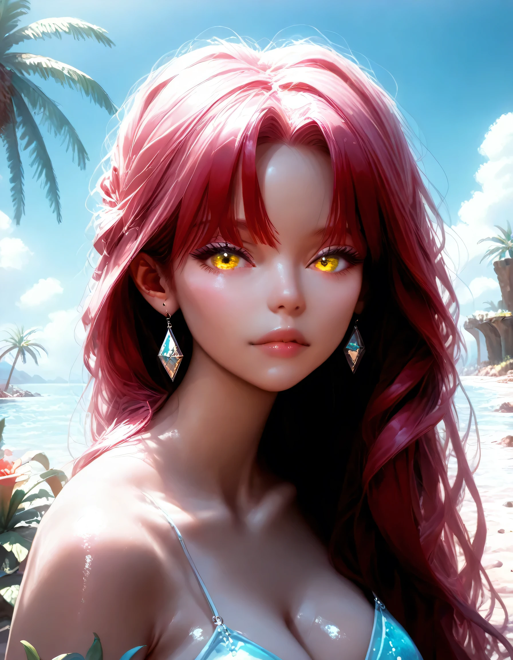 Beautiful Girl with a Nice Figure, Nearby Camel, sexy, Standing tall at the Oasis in the Desert, Bowing His Head to Drink Water, scoops up water with his hand,looks at the viewer, Two hair colors(Bright red with yellow), The glitter falls on her,Very Colorful Picture, bright colors, masterpiece, Palm trees and greenery around the Oasis, Ripples on the water, Clear and Colorful Details, some Thorns and Flowers, pfstyle,cinematic film still,score_9,score_8_up,score_7_up,masterpiece,best quality,8k,source_cartoon,source_アニメ