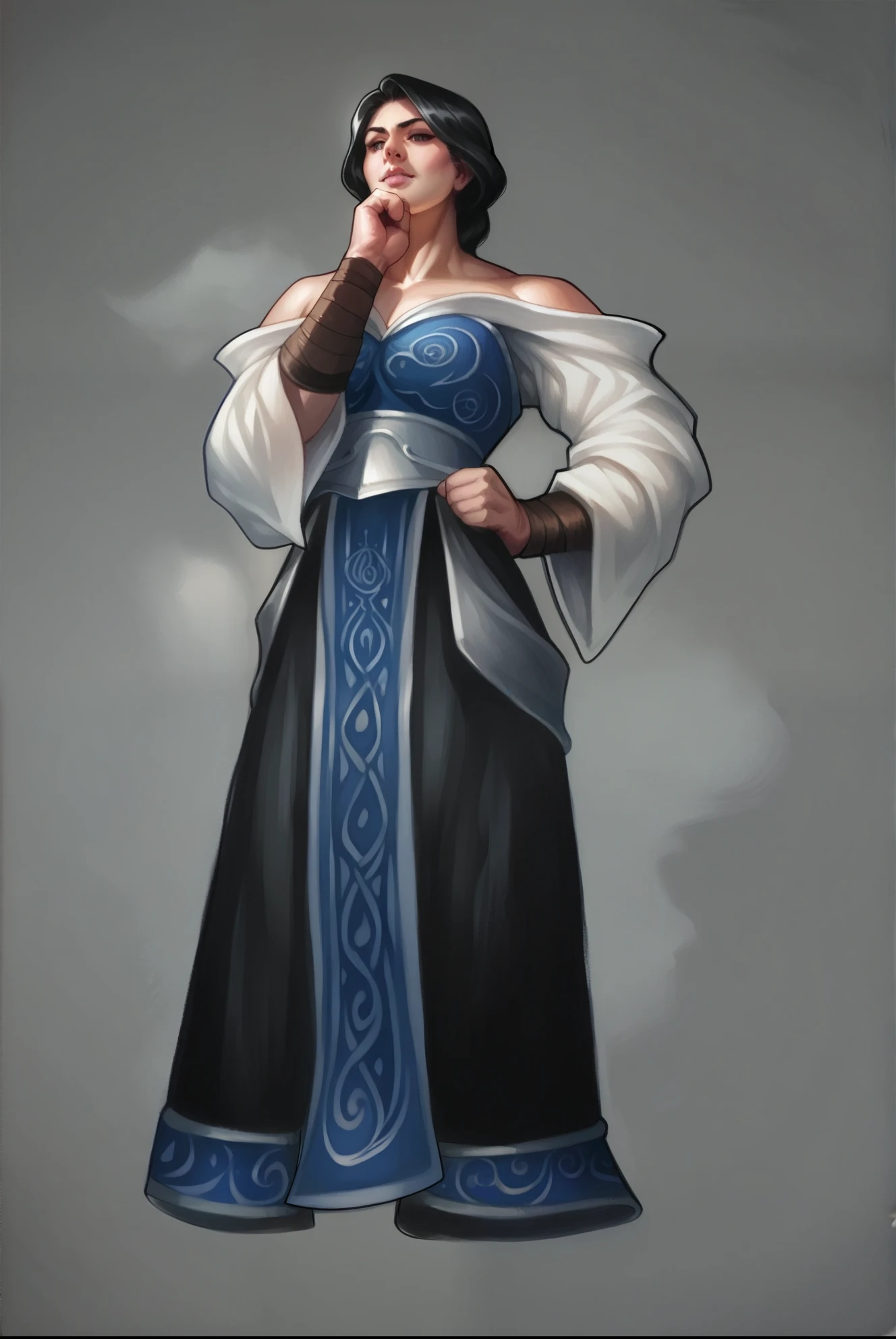 score_9, score_8_up, score_8, rating_safe, traditional art, 1girl, adamhughesstyle, minkostyle, realistic, black hair, beautiful mongolian dress, cartoon, dynamic POV angle, medieval fantasy, standing at bar in tavern looking at viewer,