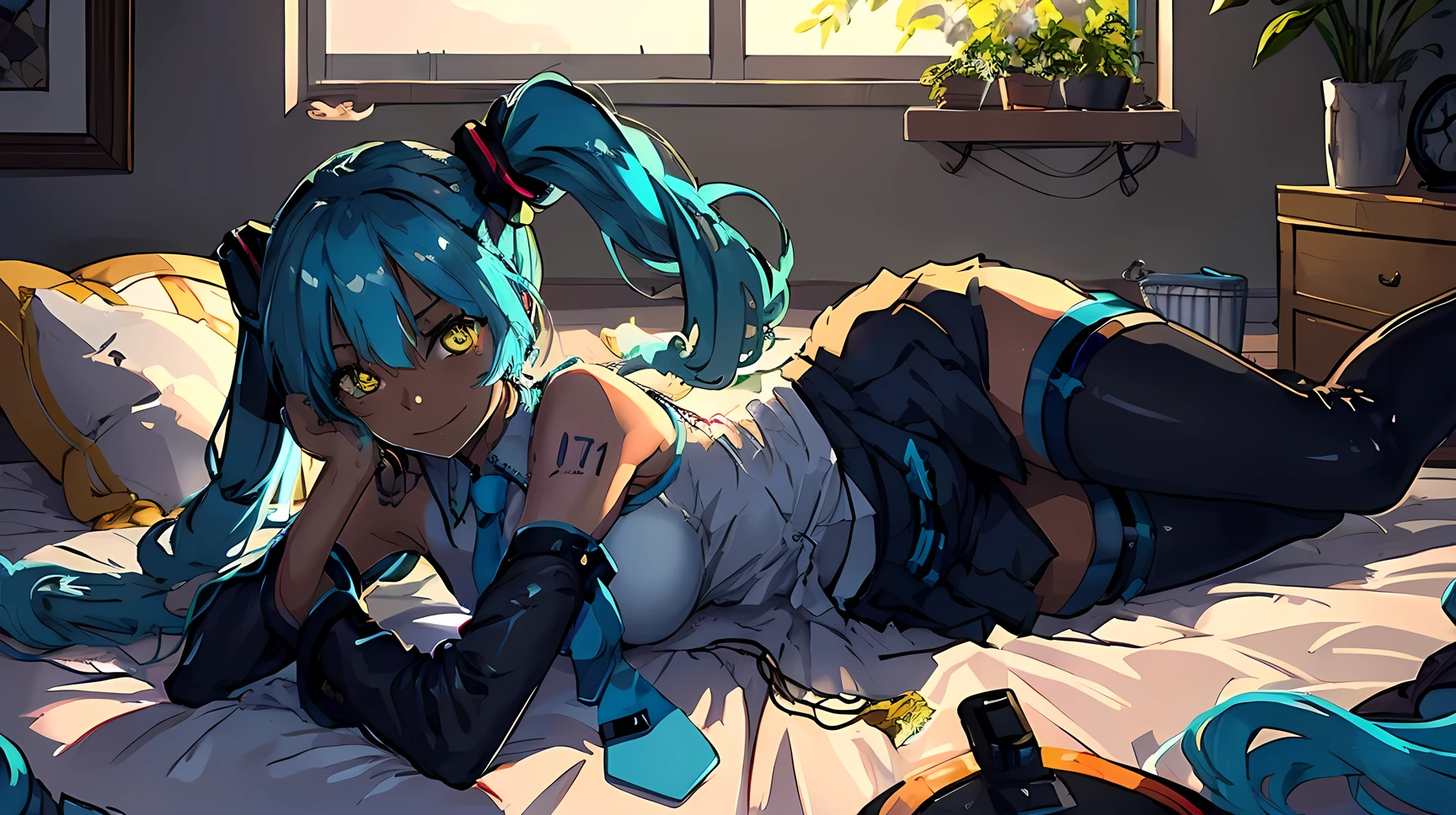 (full body shot), 1girl, soine, lying, on side, smiling, (dark skin), (dark skinned female), young, Hatsune Miku hairstyle, swept bangs, giant blue pigtails, blue hair, miku outfit, sleeveless shirt, black shirt, detached sleeves, necktie, arm tattoo, skirt, thighhighs, thigh boots, glowing yellow eyes, thunder, electricity, blue lips , Anatomically correct, Highly detailed face and skin texture , looking at viewer , comfy bed