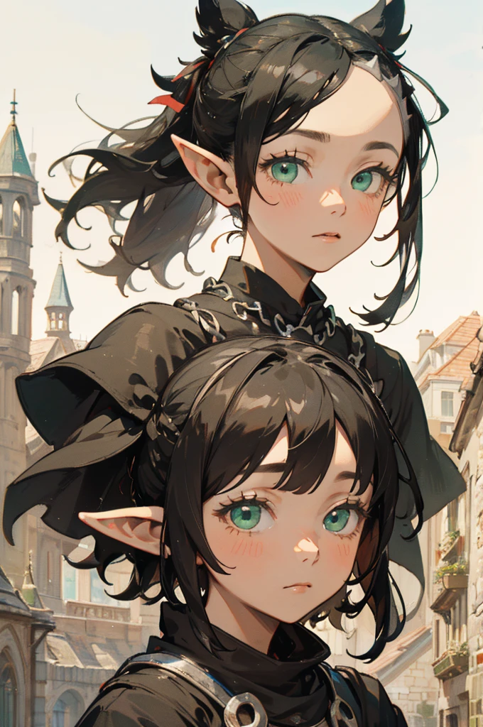 ( excellent quality ), (high resolution), (absurd play), ((young )), black hair, assymetrical bangs, ponytail, ((marnie)), character looking at the camera, Detailed face, ((medieval)), (((simple black clothes))), (portrait), ( small eyes), green eyes, (elf ears), village background, (solo), upperbody, portrait