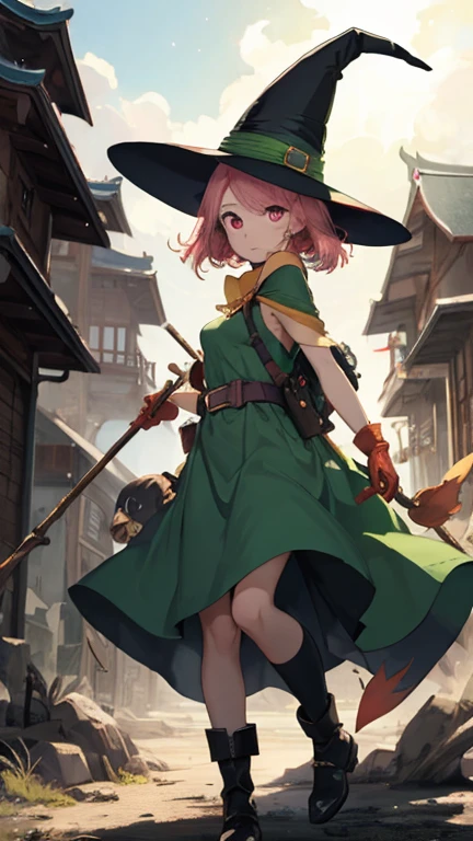 AS-Young V2, (8k, masterpiece, Best Quality,  high definition),  Fantasy, cute顔, cute, Very big eyes, Aesthetic anime eyes,  small face,  wizard \(dq3\),  short hair, Pink Hair, Red eyes,  big breasts at the temple, witch hat, gloves, green dressオレンジのマント, staff, witch, Contempt, battlefield,  finding , Casting a Spell, Particles of light, wasteland,  1 girl, Alone,