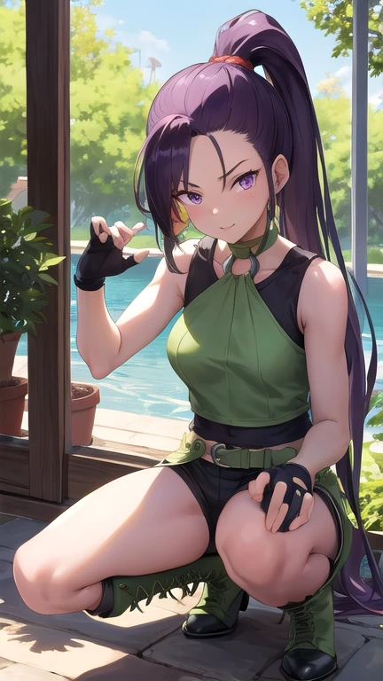 masterpiece,  best quality,  high definition,  one girl playing pranks, Maruchina,  purple eyes,  Purple Hair, very long hair,  ponytail, My hair is tingling,  green choker , O-ring top,  tank top ,  Sleeveless,   fingerless gloves, Green Globe, , Black shorts, Green Belt, boots,  Staring at the Audience,  outdoor , Glass,  at dawn 