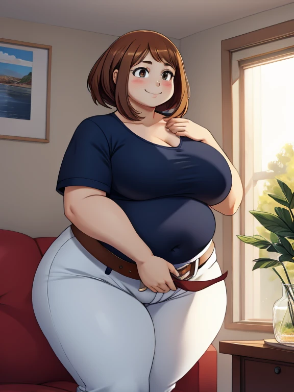 high quality, best quality, beautiful, perfect lighting, detailed face, ((1girl)), ((solo)), Imagine Ochaco Uraraka as an adult, 45yo, MILF, plus sized milf, mature face, fat face, chubby cheeks, slight wrinkles around the face, motherly, mom, short brown hair, brown eyes,((medium breasts)), wide hips, thick thighs, chubby, love handles, muffin-top, round belly BREAK (Wearing: Dark blue shirt, black leather pants, white belt) BREAK smile, ((blush)), looking at viewer BREAK Background: Indoors, living room
