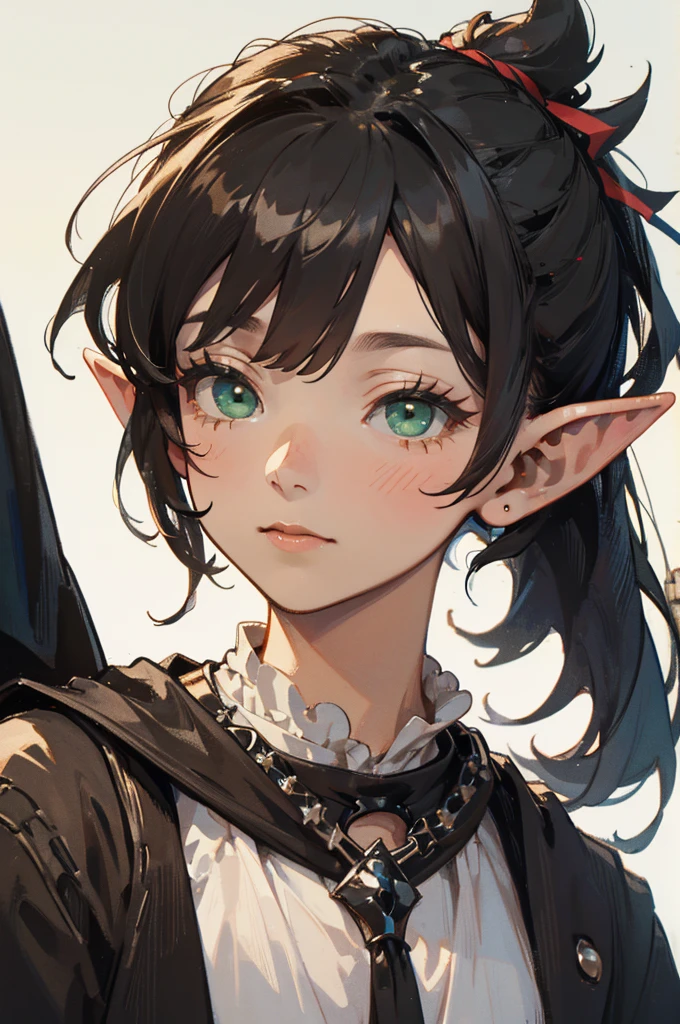 ( excellent quality ), (high resolution), (absurd play), ((young )), black hair, assymetrical bangs, ponytail, ((marnie)), character looking at the camera, Detailed face, ((medieval)), (((simple black clothes))), (portrait), ( small eyes), green eyes, (elf ears), village background, (solo), upperbody, portrait, ((solo))