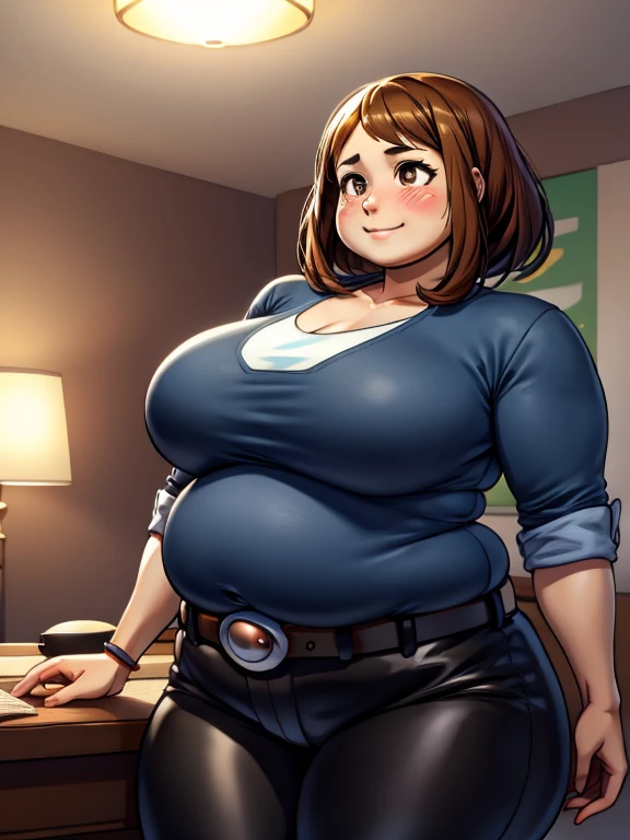 high quality, best quality, beautiful, perfect lighting, detailed face, ((1girl)), ((solo)), Imagine Ochaco Uraraka as an adult, 45yo, MILF, plus sized milf, mature face, fat face, chubby cheeks, slight wrinkles around the face, motherly, mom, short brown hair, brown eyes,((medium breasts)), wide hips, thick thighs, chubby, love handles, muffin-top, round belly BREAK (Wearing: Dark blue shirt, shiny black leather pants, white belt) BREAK smile, ((blush)), looking at viewer BREAK Background: Indoors, living room
