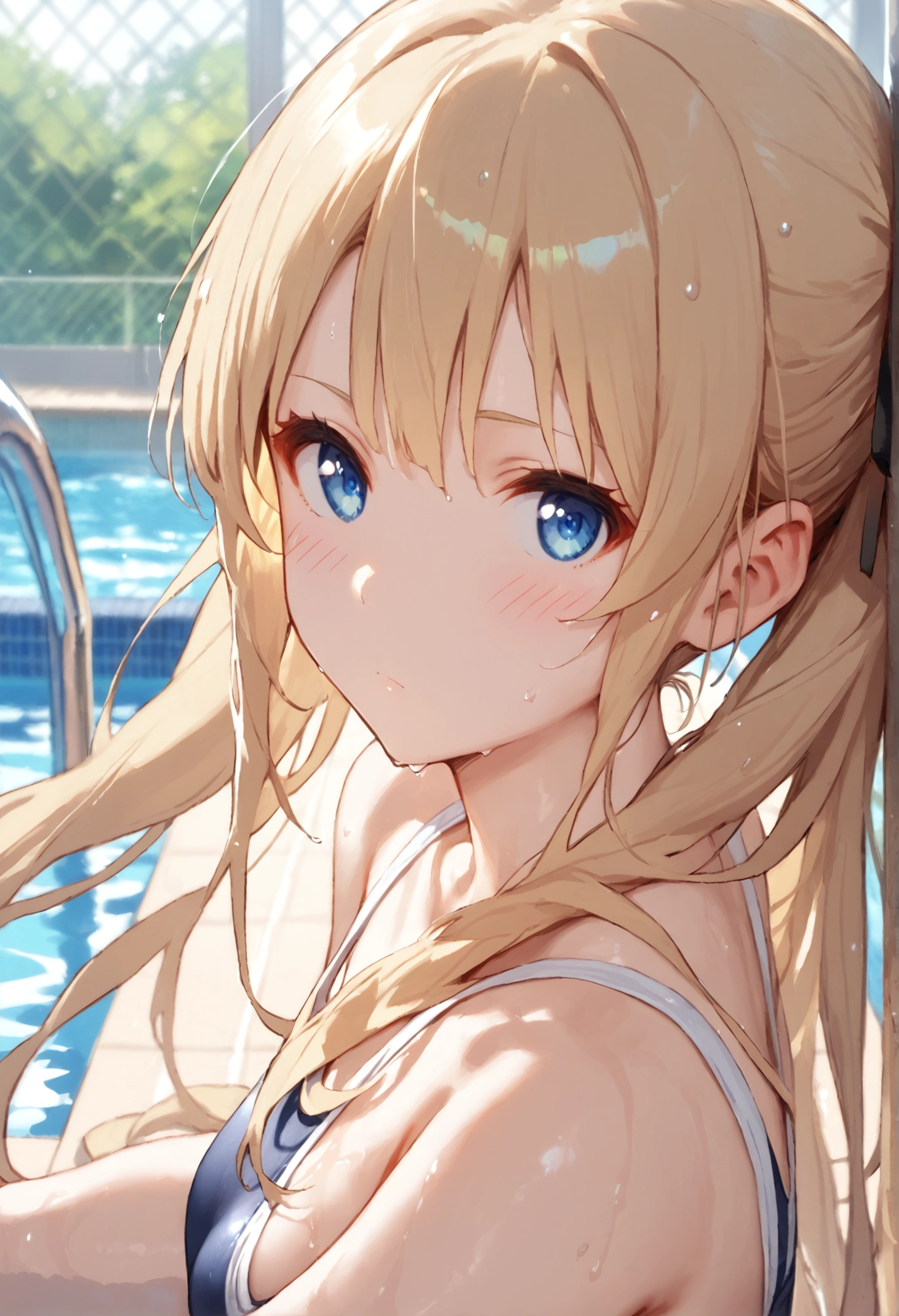 (score_9, score_8_up,score_7_up,source_anime),solo focus,1girl,Eriri blonde hair,blue eyes,sawamura spencer eriri,long hair,small breasts,
,twintails, looking at viewer,,school swimsuit, pool,blush,cowboy shot,wet,bent over,sexy